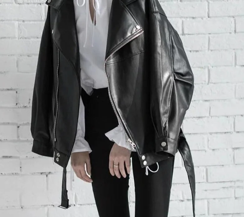 Black Leather Jacket | PU Leather Jackets for Women | Loose Turn-down Collar Jacket | Wild Zipper Jacket | Women Casual Leather Jacket Coat