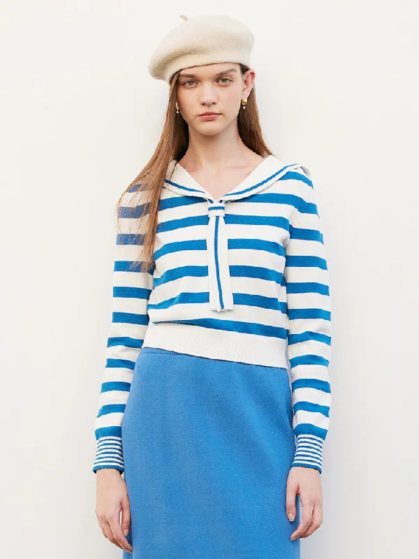 Blue And White Stripe Round Neck Women Sweater