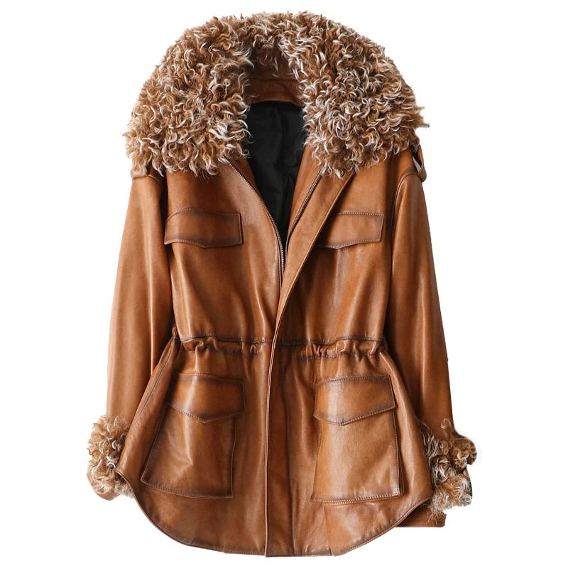 Genuine Sheepskin Leather Suede Jacket Duck Down Lingning Lamb Fur Collar Cuff  Winter Women Coat Suit  LF2085