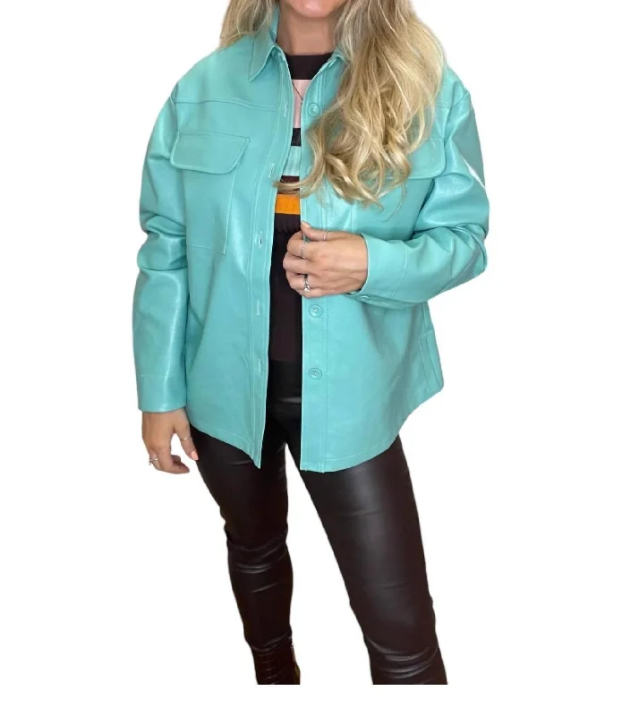 Luna Faux Leather Shacket In Turquoise