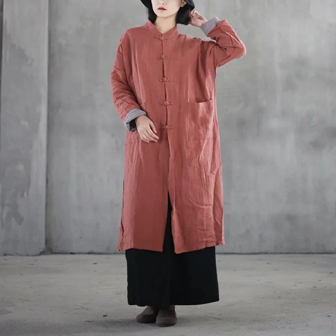 Luxury red coats Loose fitting stand collar autumn coat Elegant big pockets long coats