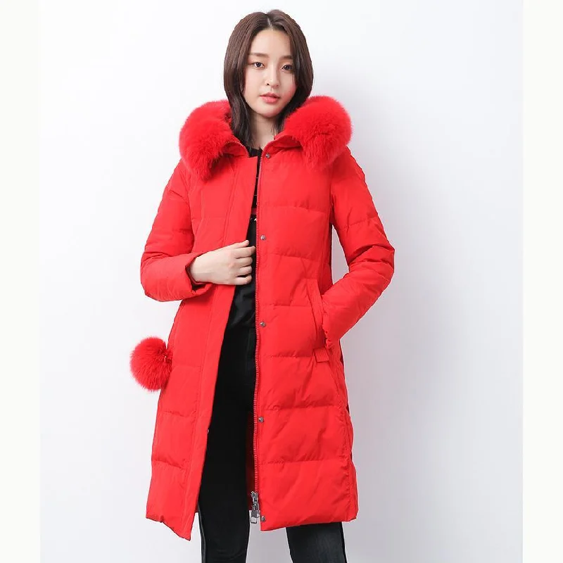 Luxury red warm winter coat plus size clothing fuzzy ball decorated snow jackets fur collar winter outwear