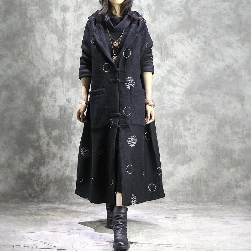 Luxury white dotted oversize long winter coat hooded Button Down outwear