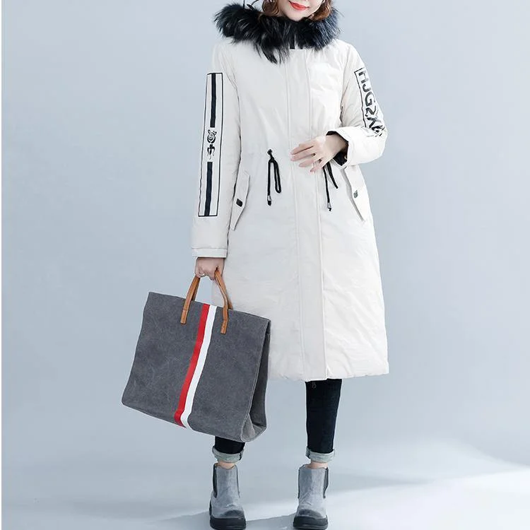 Luxury white Parka Loose fitting hooded fur collar Letter quilted coat Casual tie waist pockets cotton coats