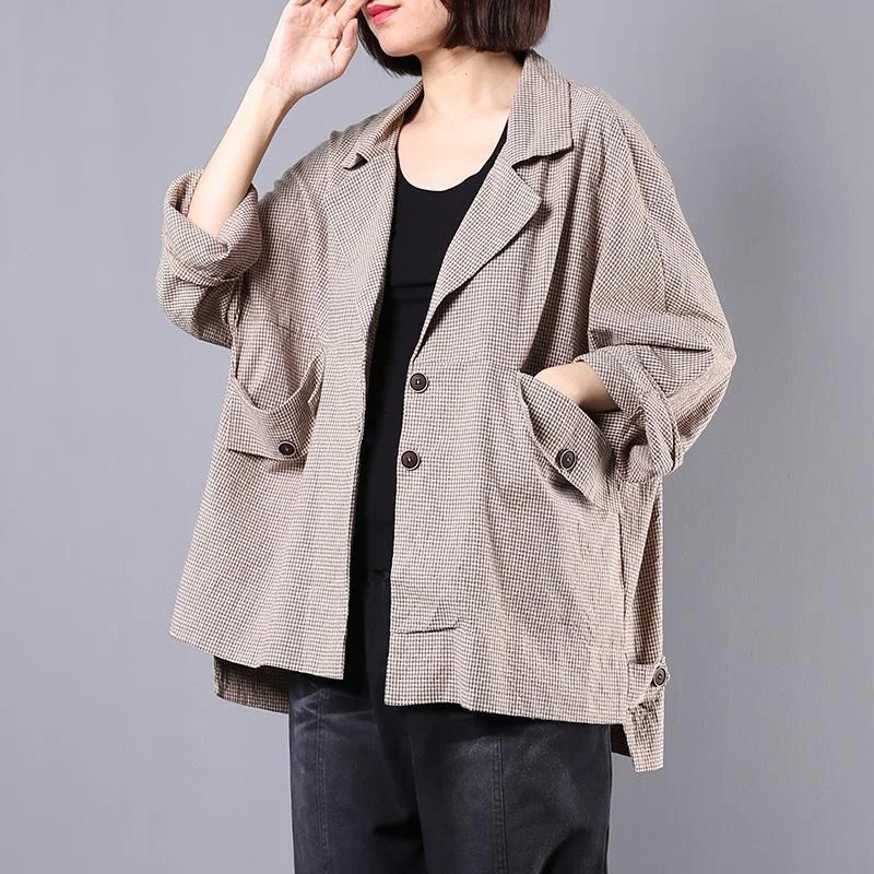 Natural Batwing Sleeve cotton linen outwear women khaki plaid cotton coats fall