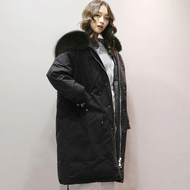 New black down coat winter oversize hooded women parka drawstring overcoat