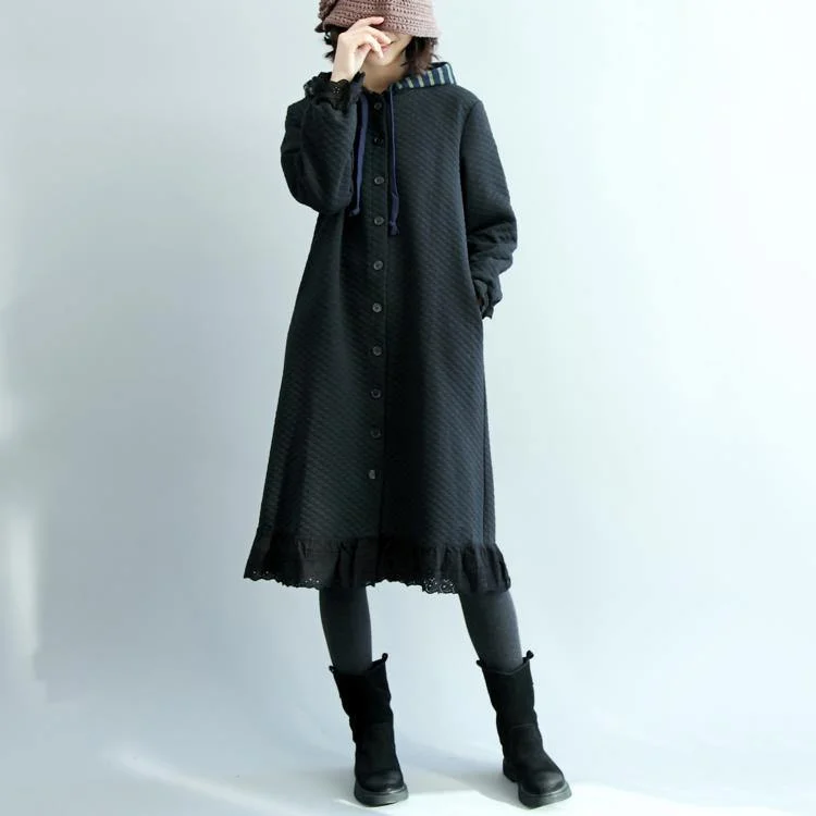 New Black Parka Oversized O Neck Quilted Coat Thick Hem Lace Coats