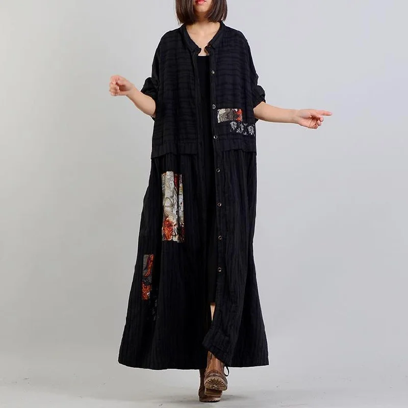 New black print coats plus size clothing long stand collar women patchwork coats