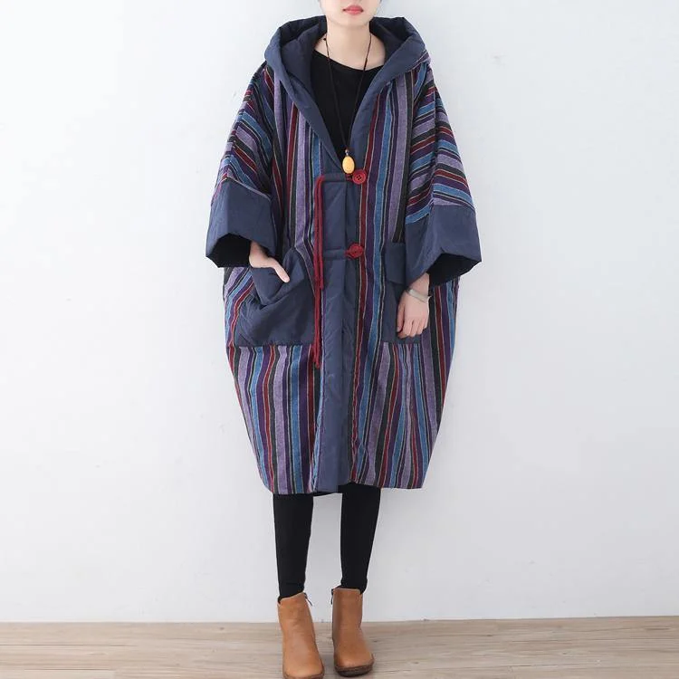 New blue purple striped cotton jacket plus size clothing hooded quilted coat Luxury coats