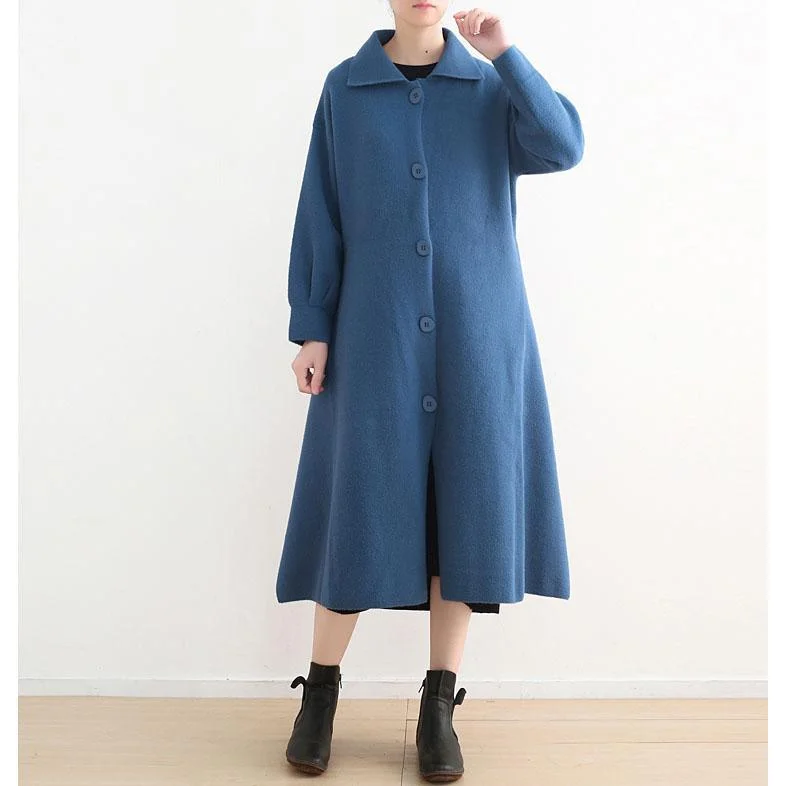 New blue woolen overcoat oversize Winter coat Turn-down Collar coat side open Button Down long coats