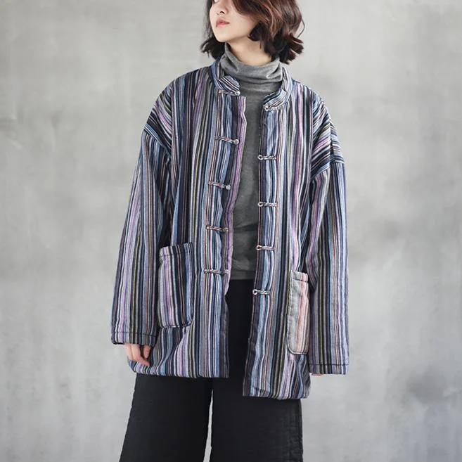 New bule striped  linen tops trendy plus size linen cotton short coat New big pockets Chinese Button cotton clothing