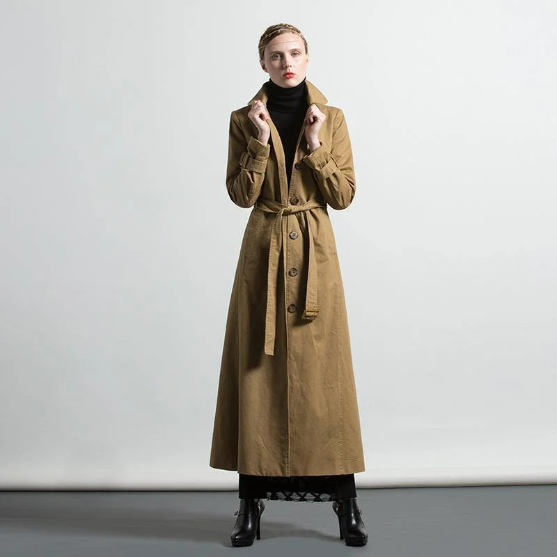 winter khaki cotton coats loose tie waist long sleeve trench coats