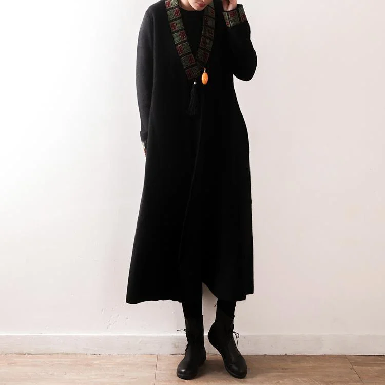 women black outwear plus size clothing long coat V neck embroidery tassel casual coats