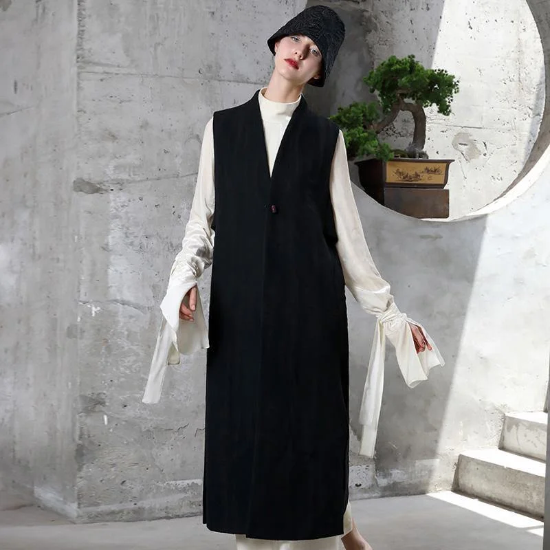 women black Woolen Coats Women trendy plus size V neck coat embroider Sleeveless long coat