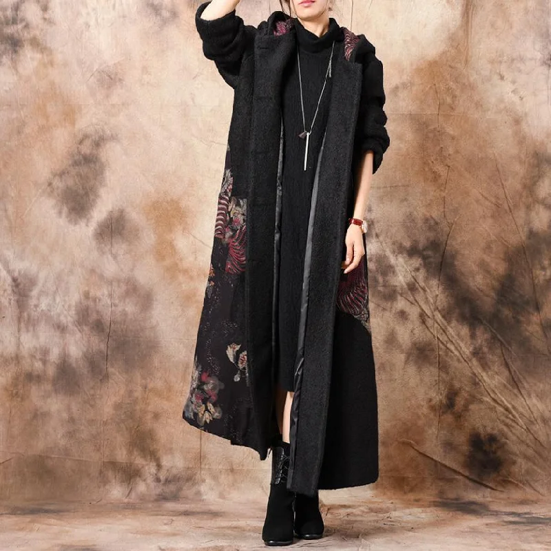 women black woolen overcoat plus size long patchwork hooded coat