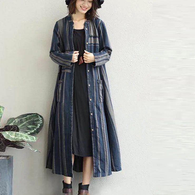 women blue striped linen maxi shirt dress Loose fitting pockets linen cardigns casual o neck maxi coats