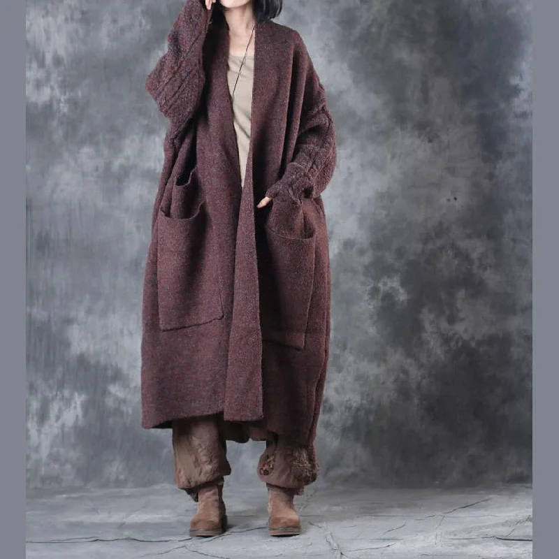 women chocolate wool coats casual big pockets maxi coat Fashion batwing sleeve Jackets & Coats