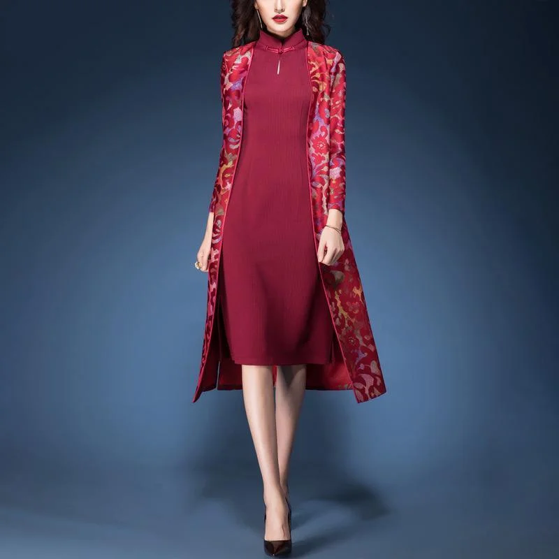 women cotton blended trench coats and red prints fahion mid dress two pieces