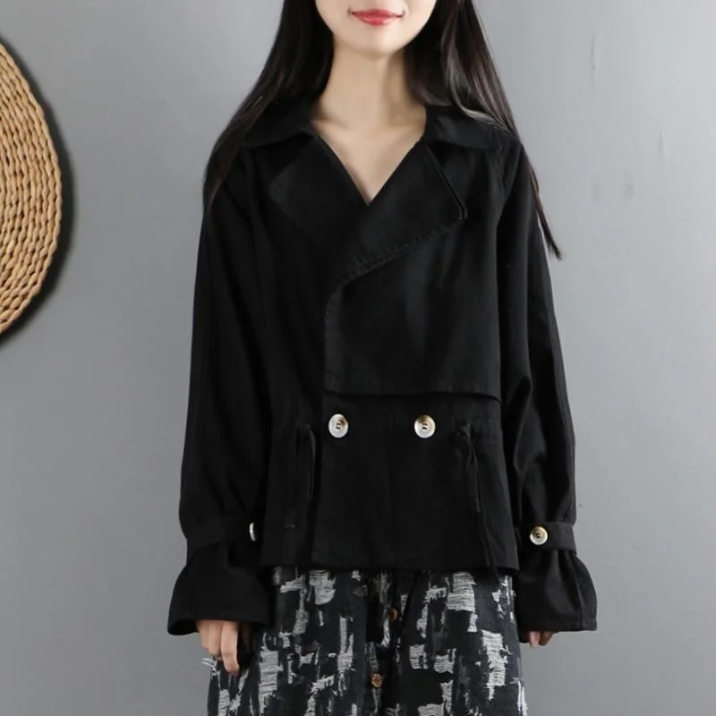 Women drawstring Fashion full coats women blouses black loose outwear