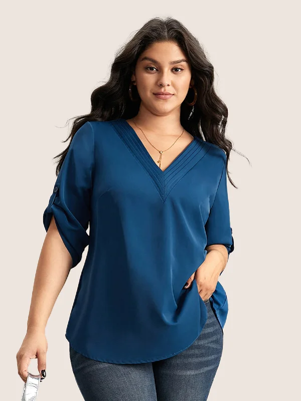 V Neck Plain Pleated Tab Sleeve Blouse