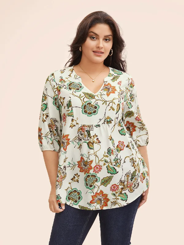 Bandana Floral Pocket Lantern Sleeve Blouse