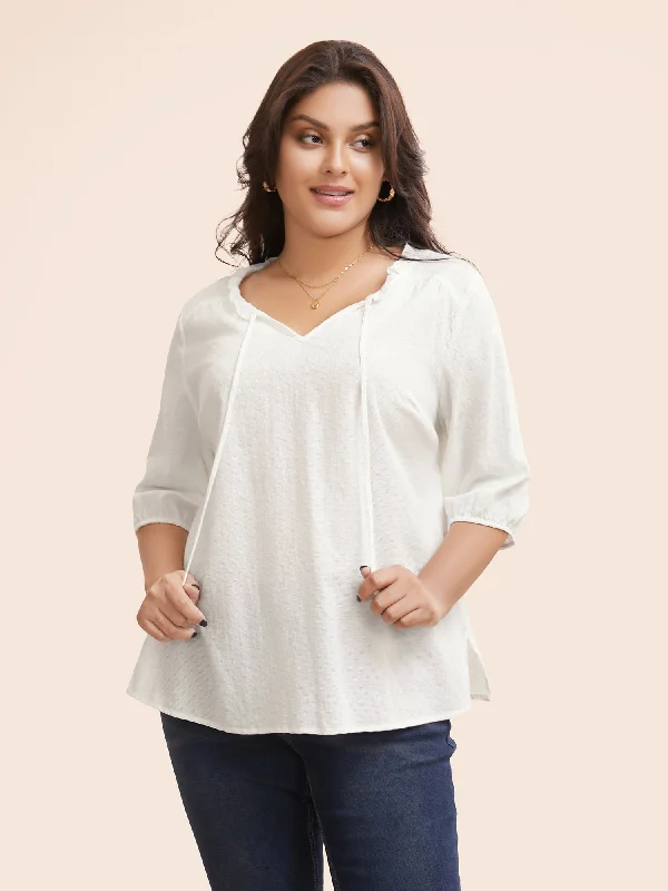 Cotton Textured Tie Knot Lantern Sleeve Blouse