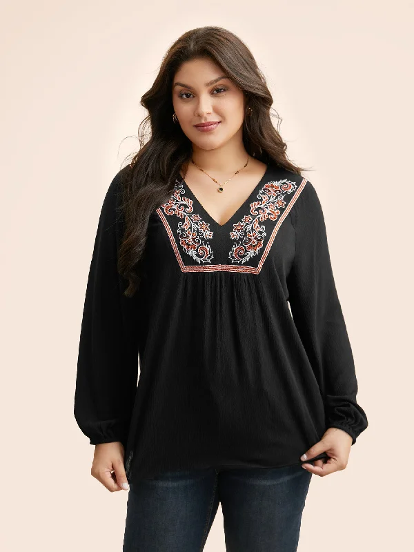 Floral Embroidered Patchwork Lantern Sleeve Blouse