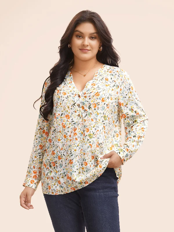 Floral Notched Gathered Cuff Blouse