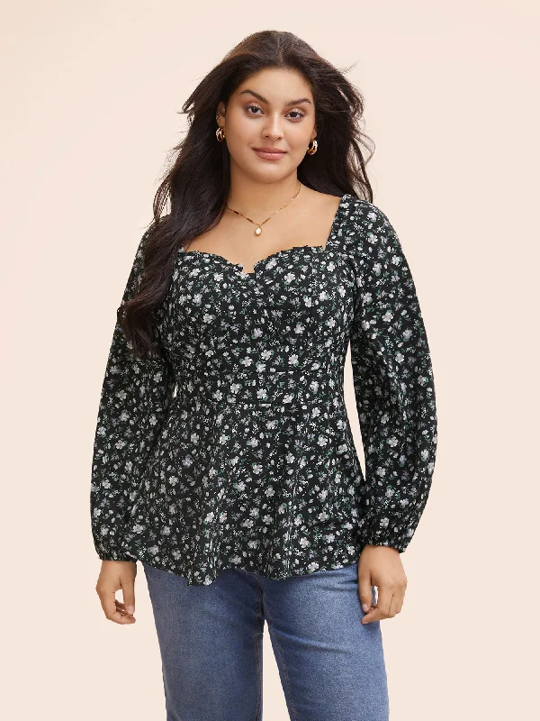 Heart Neckline Ditsy Floral Shirred Blouse