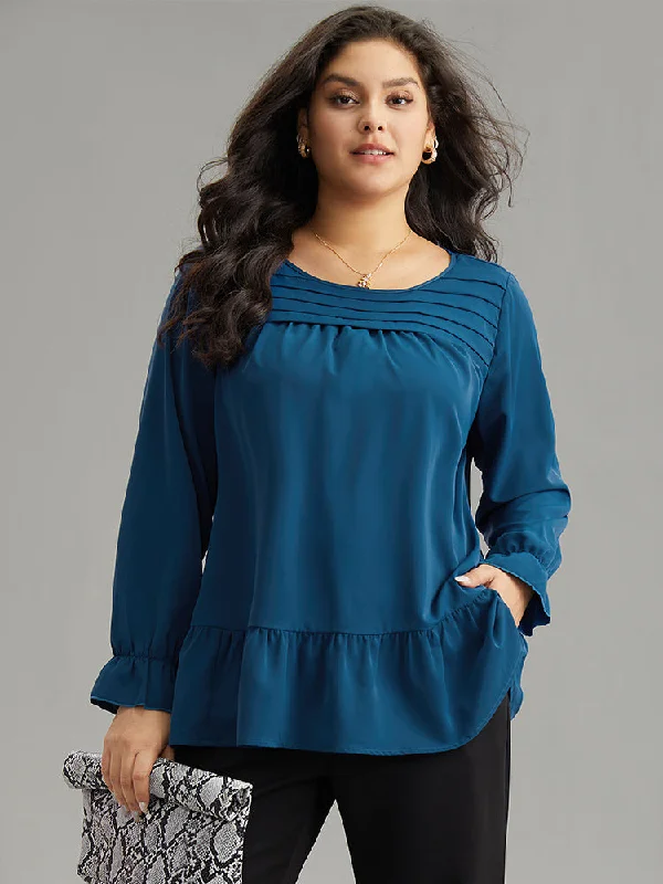 Static-Free Plain Pleated Ruffles Lantern Sleeve Blouse