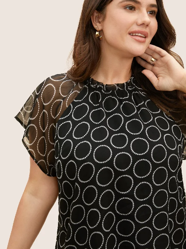 Polka Dot Mock Neck Mesh Patchwork Blouse