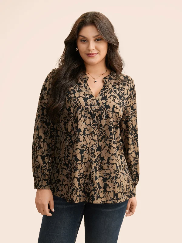 Silhouette Floral Print Notched Frill Trim Blouse