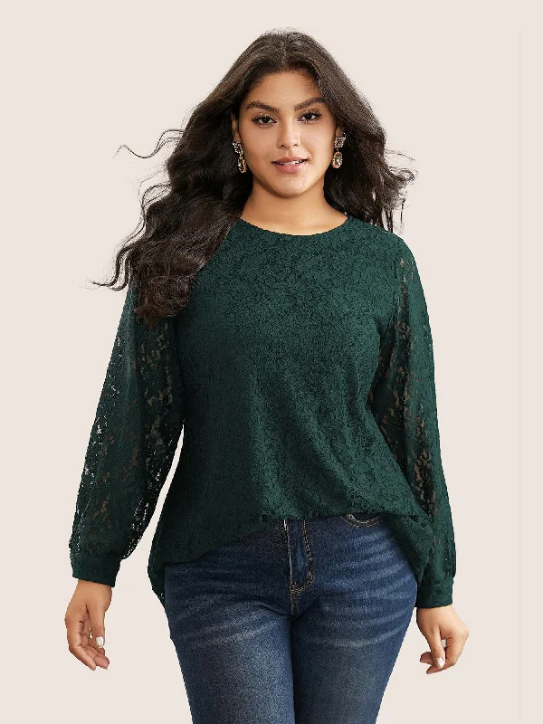 Solid Crochet Lace Mesh Crew Neck Blouse