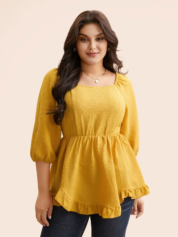 Solid Square Neck Ruffles Shirred Blouse