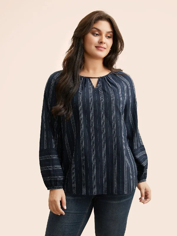 Striped Keyhole Lantern Sleeve Blouse