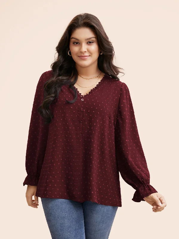 Textured Lace Trim Patchwork Ruffles Blouse