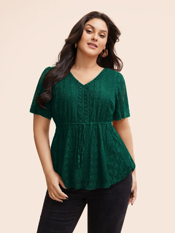 V Neck Lace Panel Drawstring Blouse