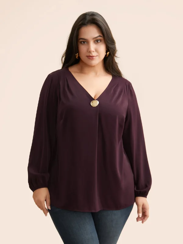 V Neck Pleated Metal Detail Blouse