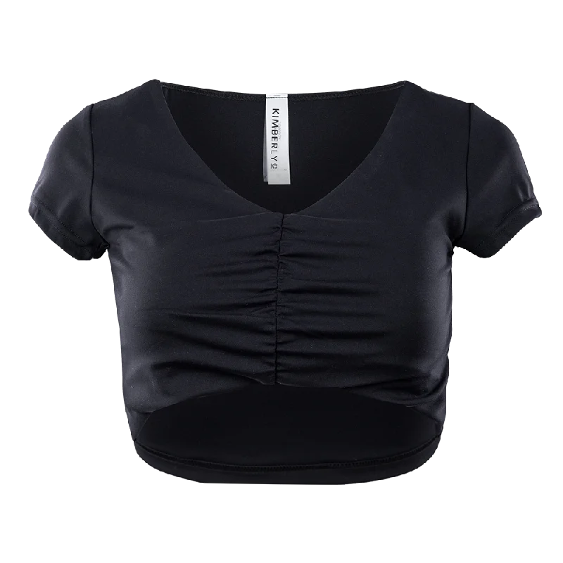 Black V Neck Ruched Crop Top