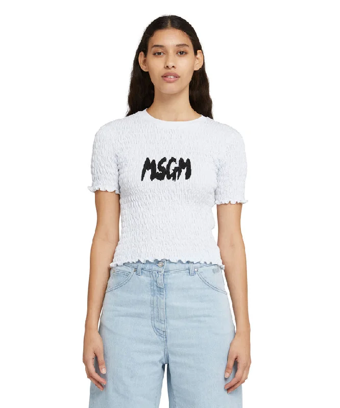 Cotton crop-top t-shirt with smock stitch Opical White