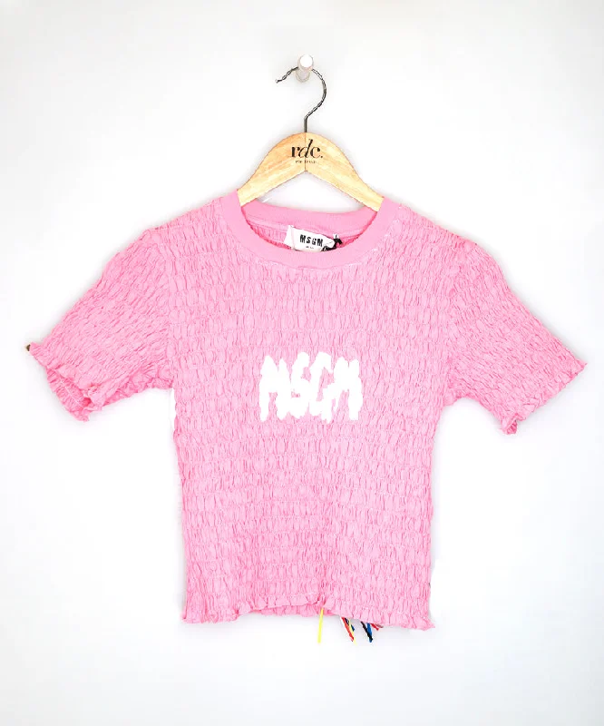 Cotton crop-top t-shirt with smock stitch Pink