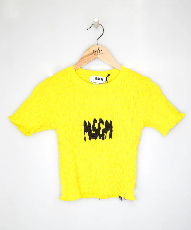 Cotton crop-top t-shirt with smock stitch yellow