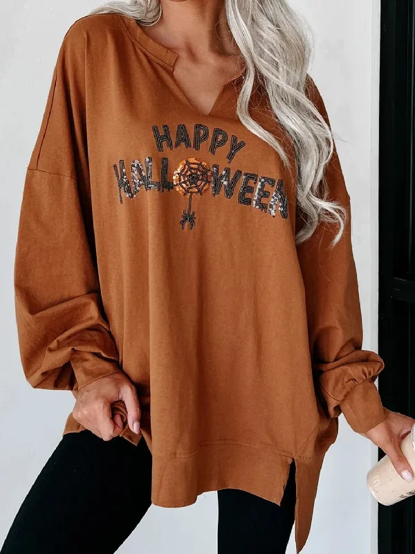 Happy Halloween Spider Women's Graphic Notched Long Sleeve Sweatshirt