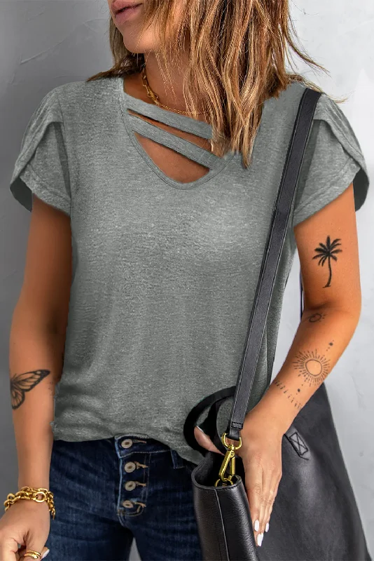 Strappy V-Neck Petal Sleeve Tee