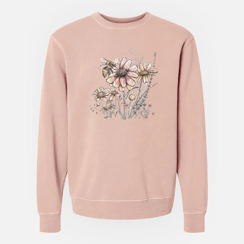 Bee with Wildflowers - Unisex Pigment Dyed Crew Sweatshirt