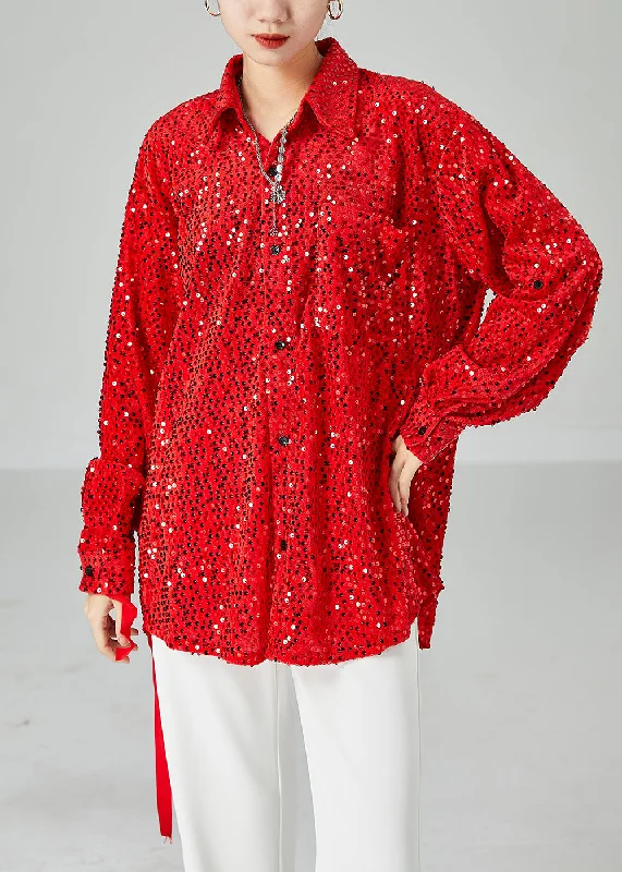 Chic Red Oversized Sequins Silk Velour Shirt Tops Spring