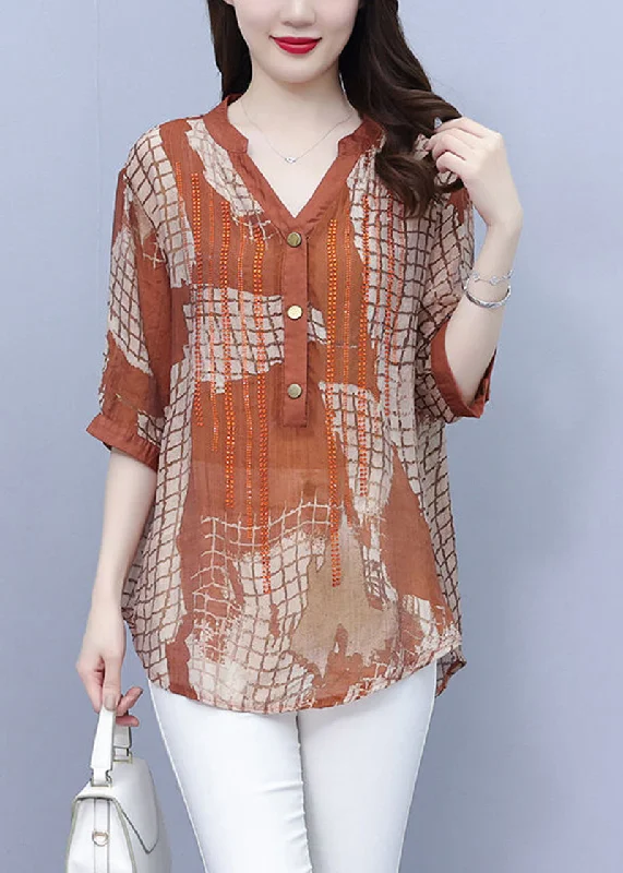 DIY Orange V Neck Oversized Plaid Cotton Shirt Top Summer