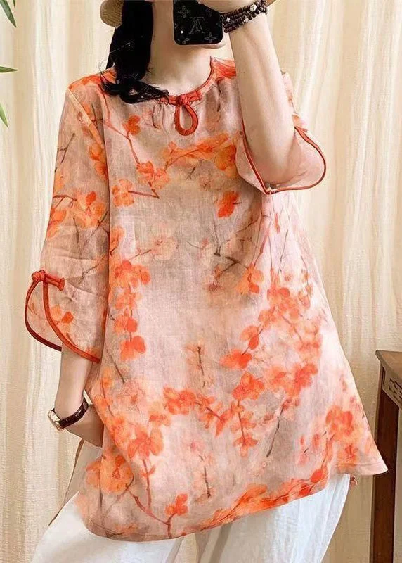 Fitted Orange Oversized Print Chinese Button Linen Blouse Tops Bracelet Sleeve