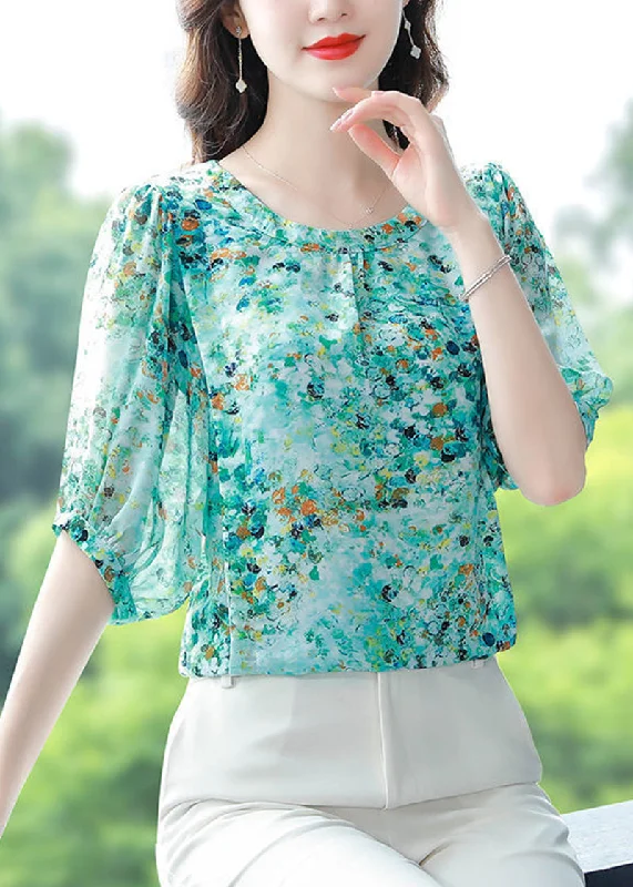 Green Print Chiffon Blouses O-Neck Oversized Summer