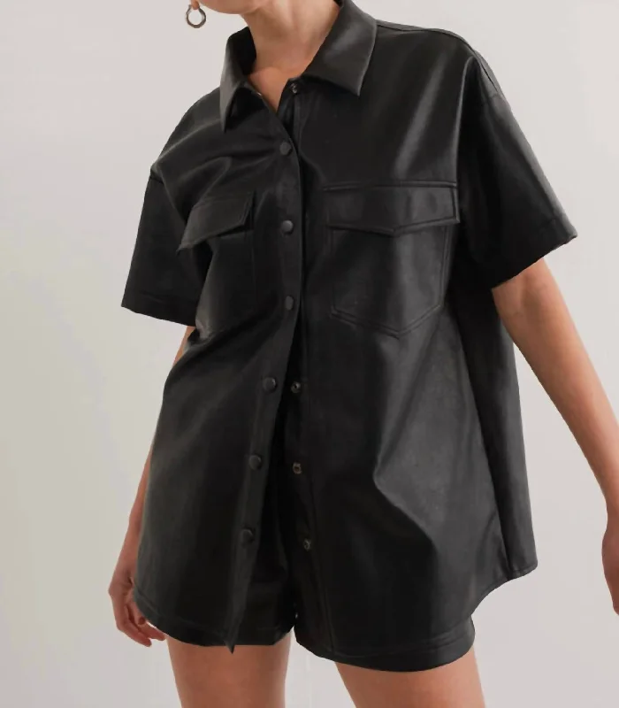 Oversized Vegan Leather Shirt In Black